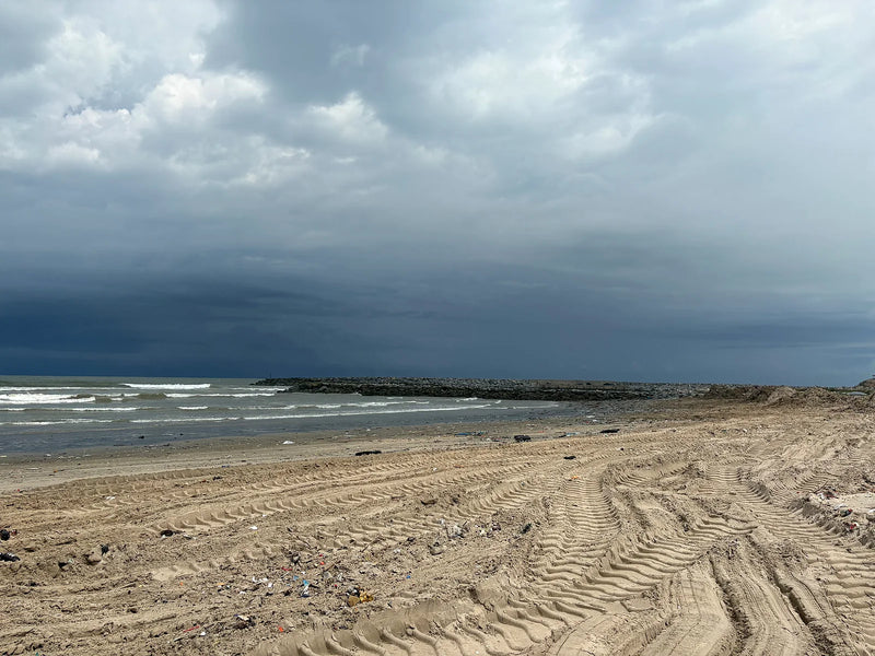 Sandy shoreline marked with heavy tire tracks under a dark cloudy sky