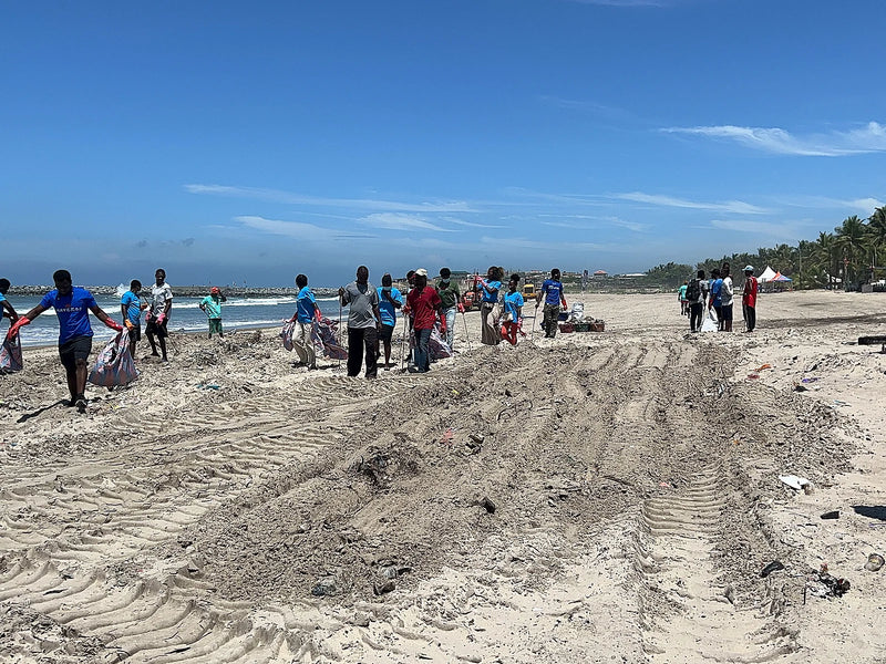 Line of people in blue shirts collecting bags of waste on a sandy beach