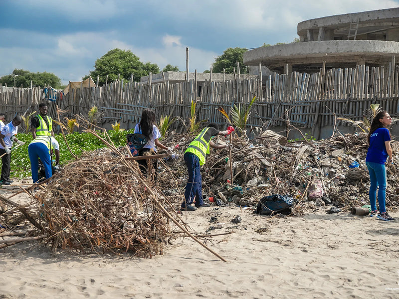 People working a large pile of branches and plastic beside a wooden fence