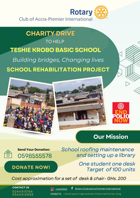 Doe para ajudar o projeto de reabilitação da escola básica Teshie Krobo do Rotary Club em Gana
